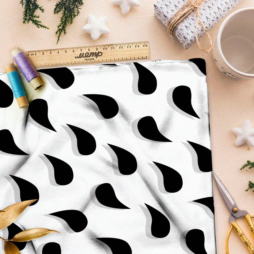 Ткань премиум сатин черные капли на белом