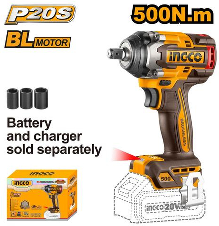 Аккумуляторный бесщеточный ударный гайковерт INGCO CIWLI20501 INDUSTRIAL 20 В 1/2" 500 Нм