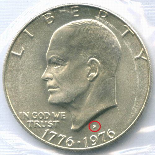 1 доллар 1976 год (S). США. 200-летие Декларации независимости. Серебро, диаметр 38.1 мм. UNC в родной запайке