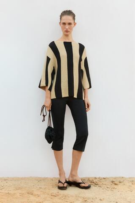 Massimo Dutti Трикотажный свитер из смесового хлопка в полоску, черный