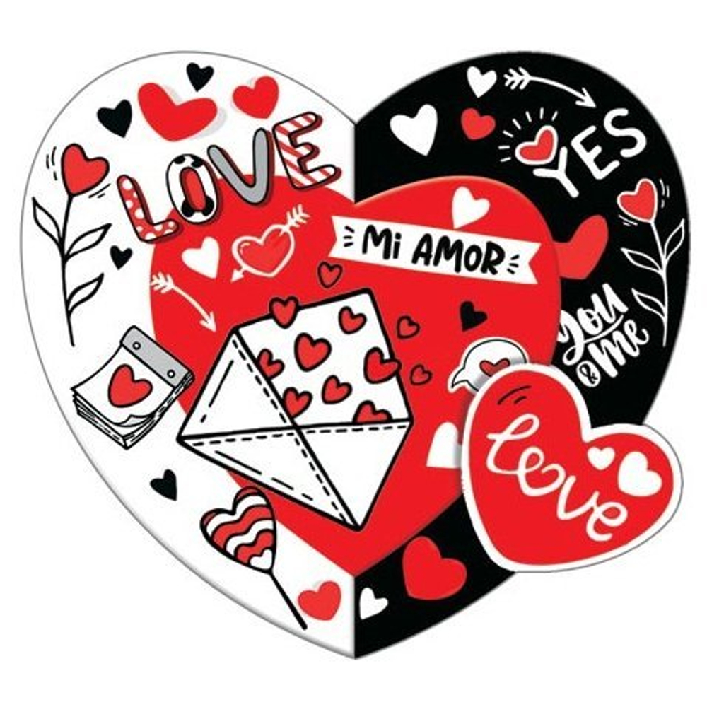 Открытка - мини двойная, с термографией, "Mi Amore", 86х167 мм, с текстом, форма-сердце, черно-белый фон с красными сердечками