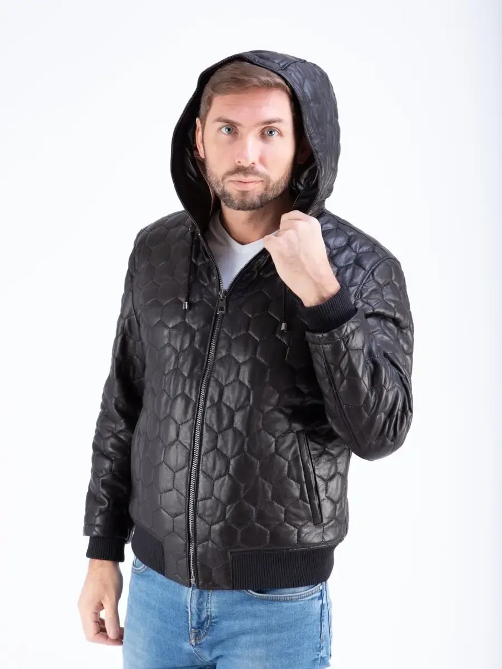 Куртка мужская кожаная натуральная с капюшоном