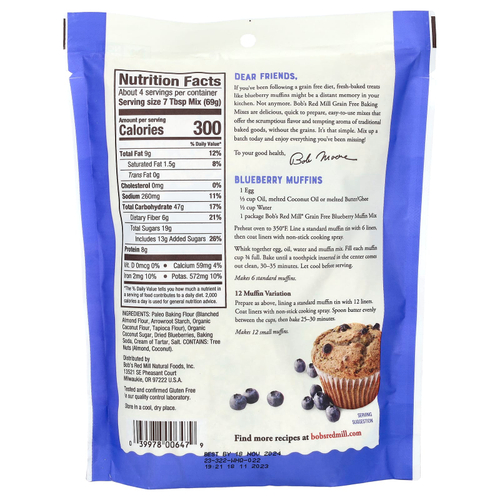 Bob's Red Mill, Без злаков, смесь кексов с голубикой, с миндальной мукой, 255 г (9 унций)