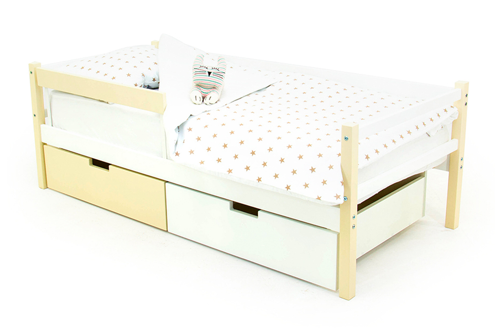 Детская кровать тахта с бортиком и ящиками Бельмарко Svogen бежево белый