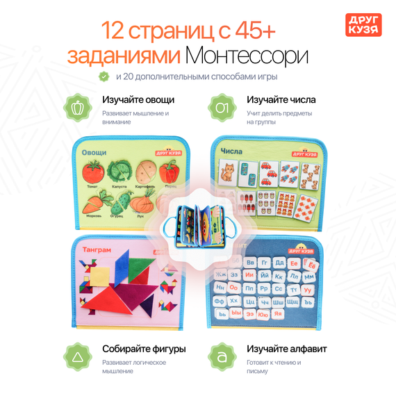 Мягкий развивающий бизиборд «БИЗИПАПКА» 45в1 - фото: 2