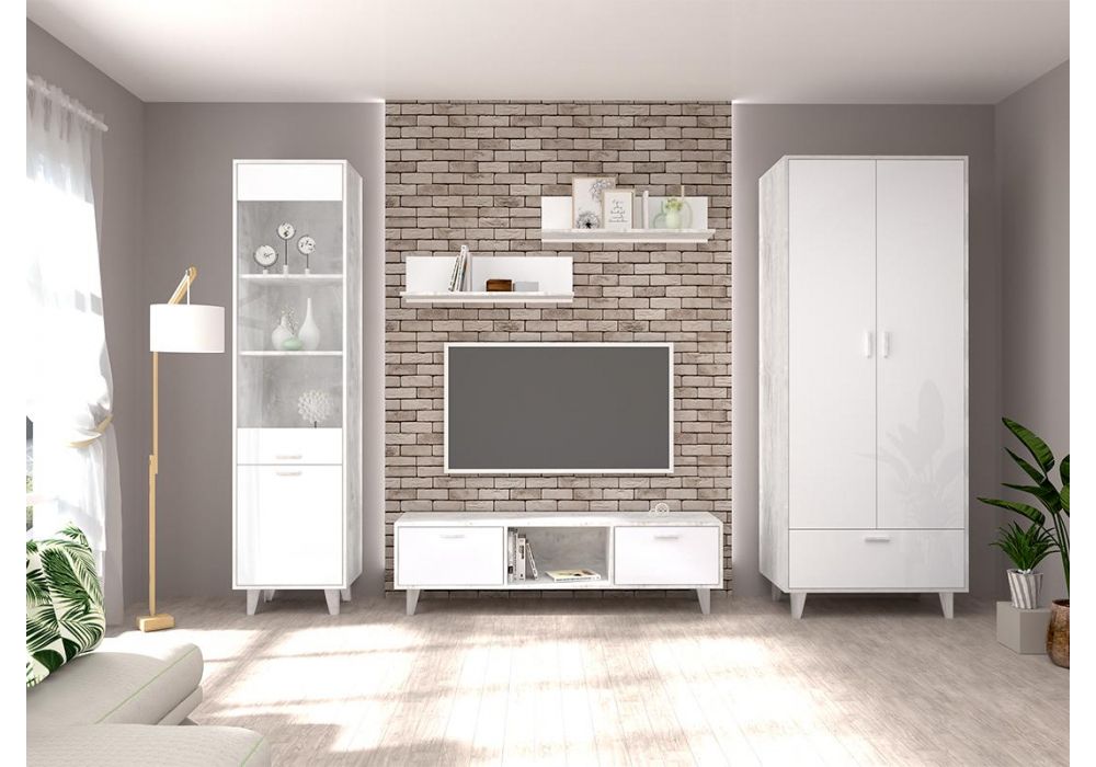 Витрина Эго ПС-1 на ножках бетон светлый / белый глянец