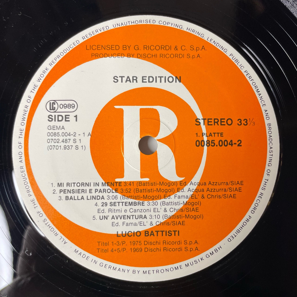 Винтажная виниловая пластинка Lucio Battisti Star Edition (Germany 1978)