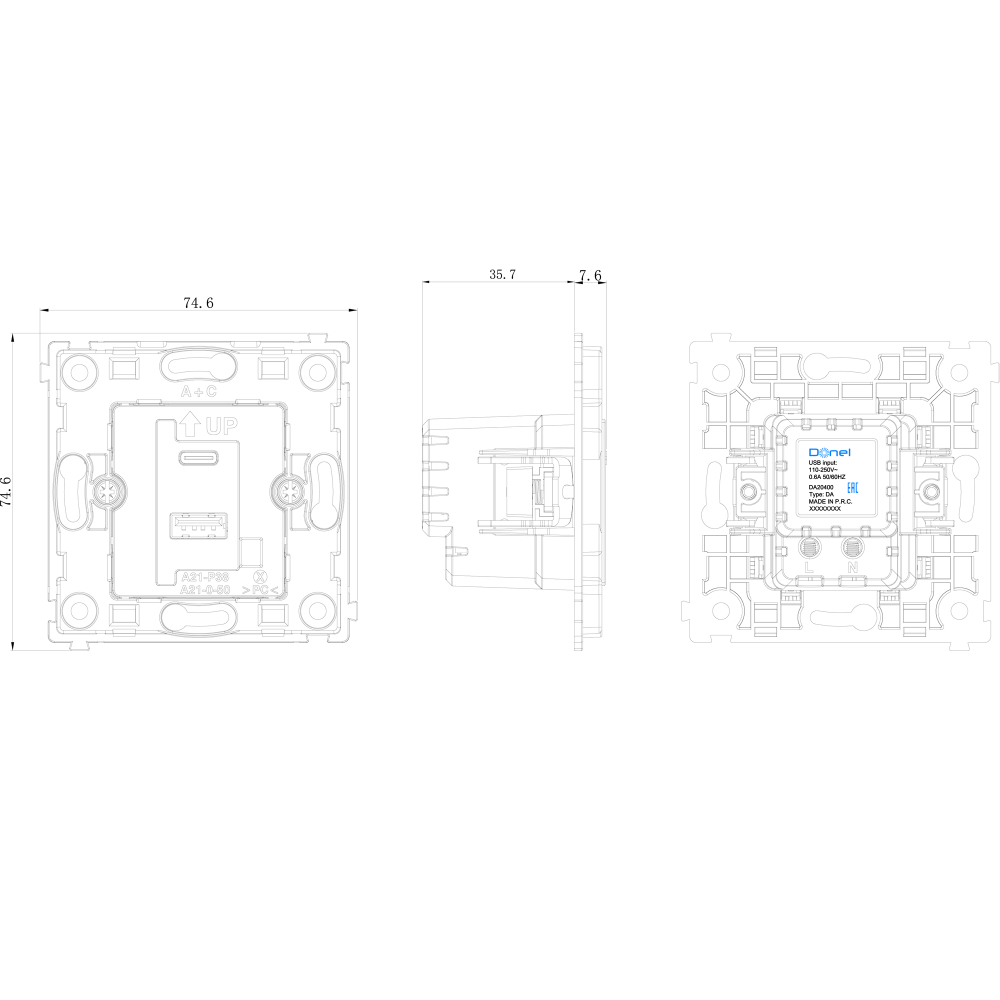USB зарядное устройство DC 5-12V, 1.67-3A, макс.20W, типа A+С, серия DA