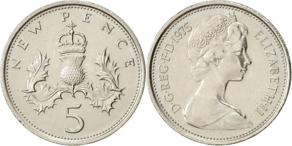 Великобритания 5 новых пенсов, 1975 Елезавета II UNC