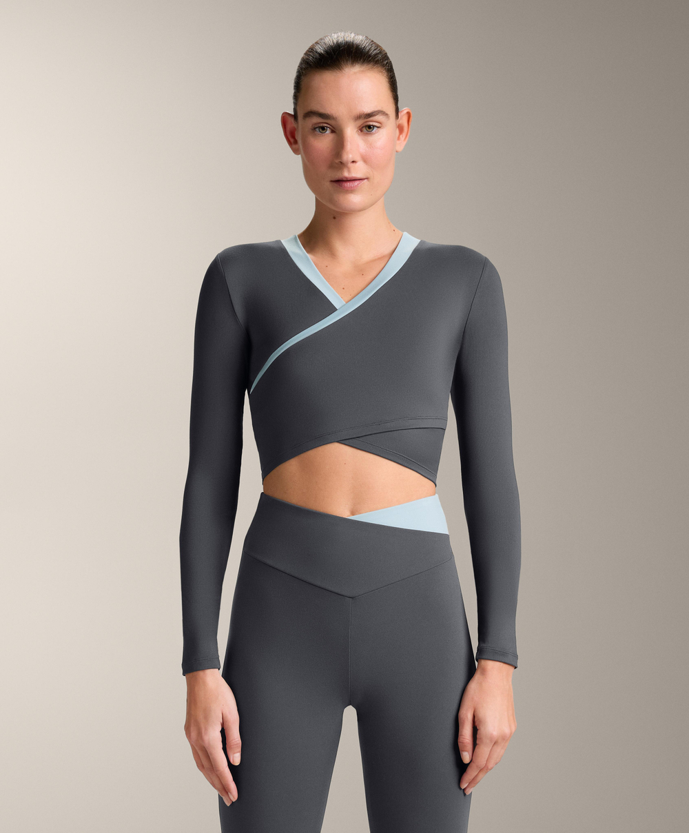 Oysho Топ с длинным рукавом и контрастными деталями, асфальтовый