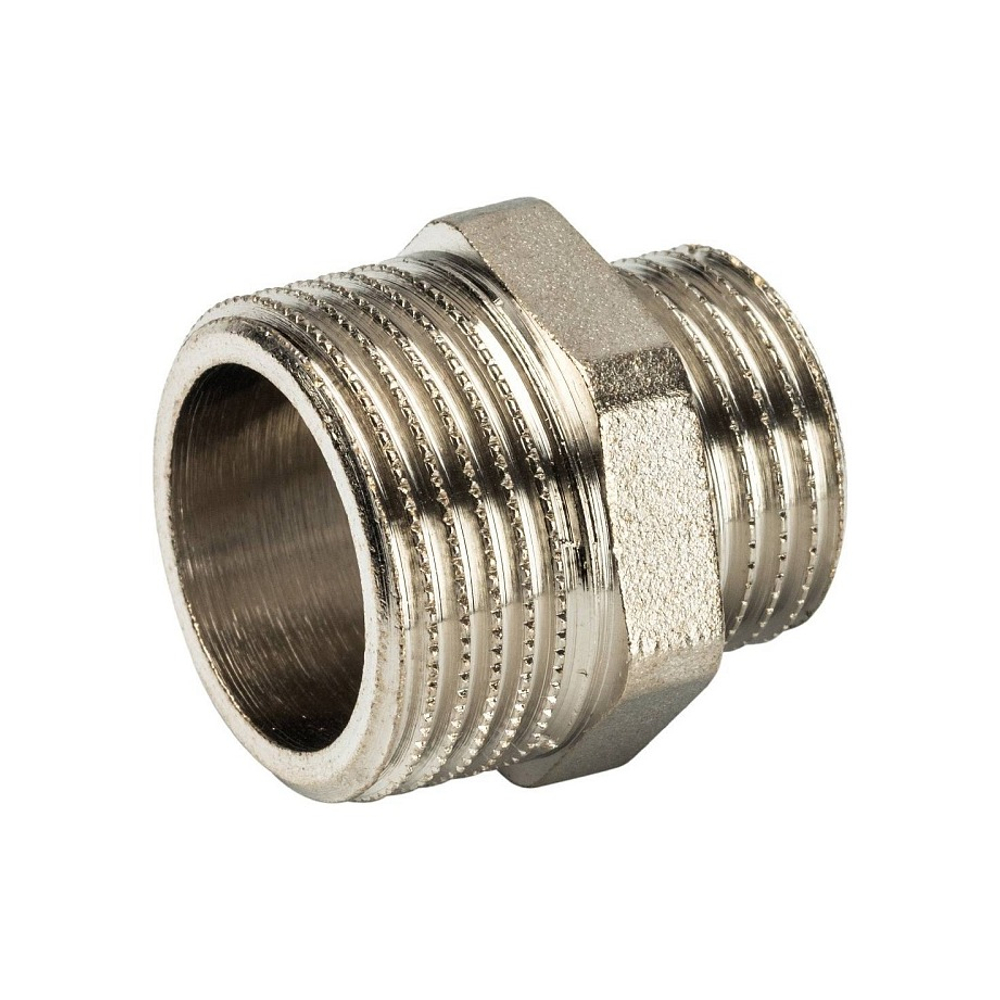 Ниппель редукционный STOUT SFT 0004 - 3/4" x 1/2" (для стальных труб, латунь никелированная)
