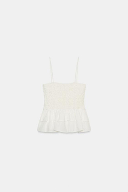 ZARA ТОП С БАСКОЙ И РЕЗИНКОЙ С СОТАМИ, БЕЛЫЙ