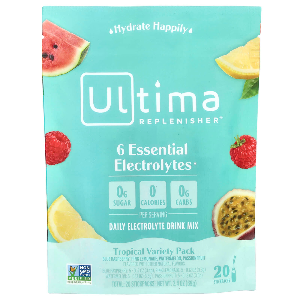 Ultima Replenisher, 6 Essential Electrolytes, ежедневная смесь для приготовления электролитов, тропическая добавка, 20 пакетиков, 69 г (2,4 унции)