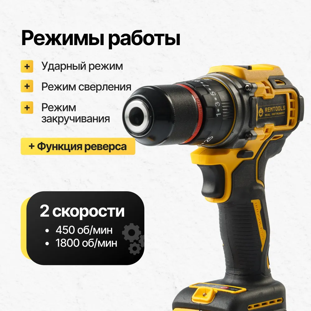 Дрель шуруповерт аккумуляторная, Remtools black2,18В, 2xLi-ion, 6A / Шуруповерт аккумуляторный