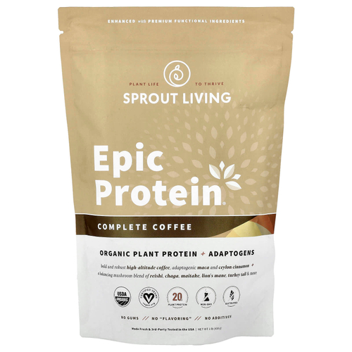 Sprout Living, Epic Protein®, органический растительный белок с адаптогенами, полноценный кофе, 456 г (1 фунт)