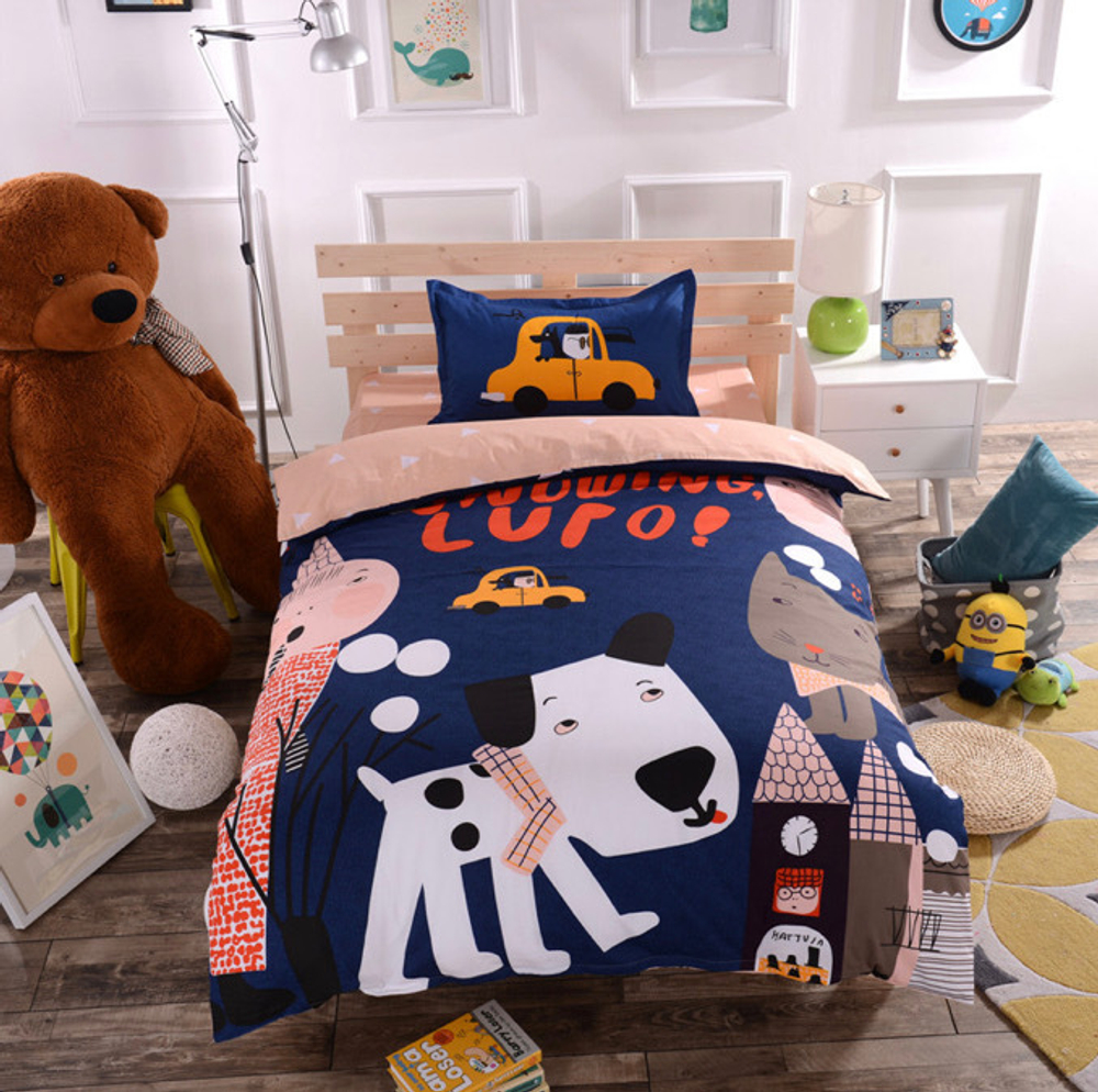 Постельное белье 1.5 Полуторка Сатин Детское Собачка на синем