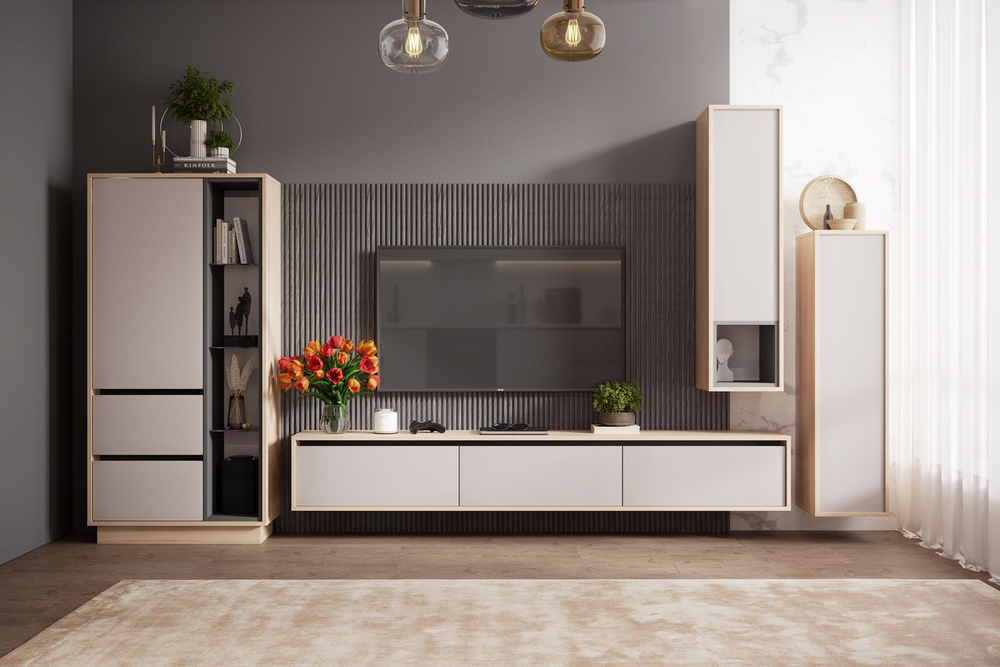 Тумба под телевизор подвесная Туя светлая/Кашемир Рэя 200х32х30 см