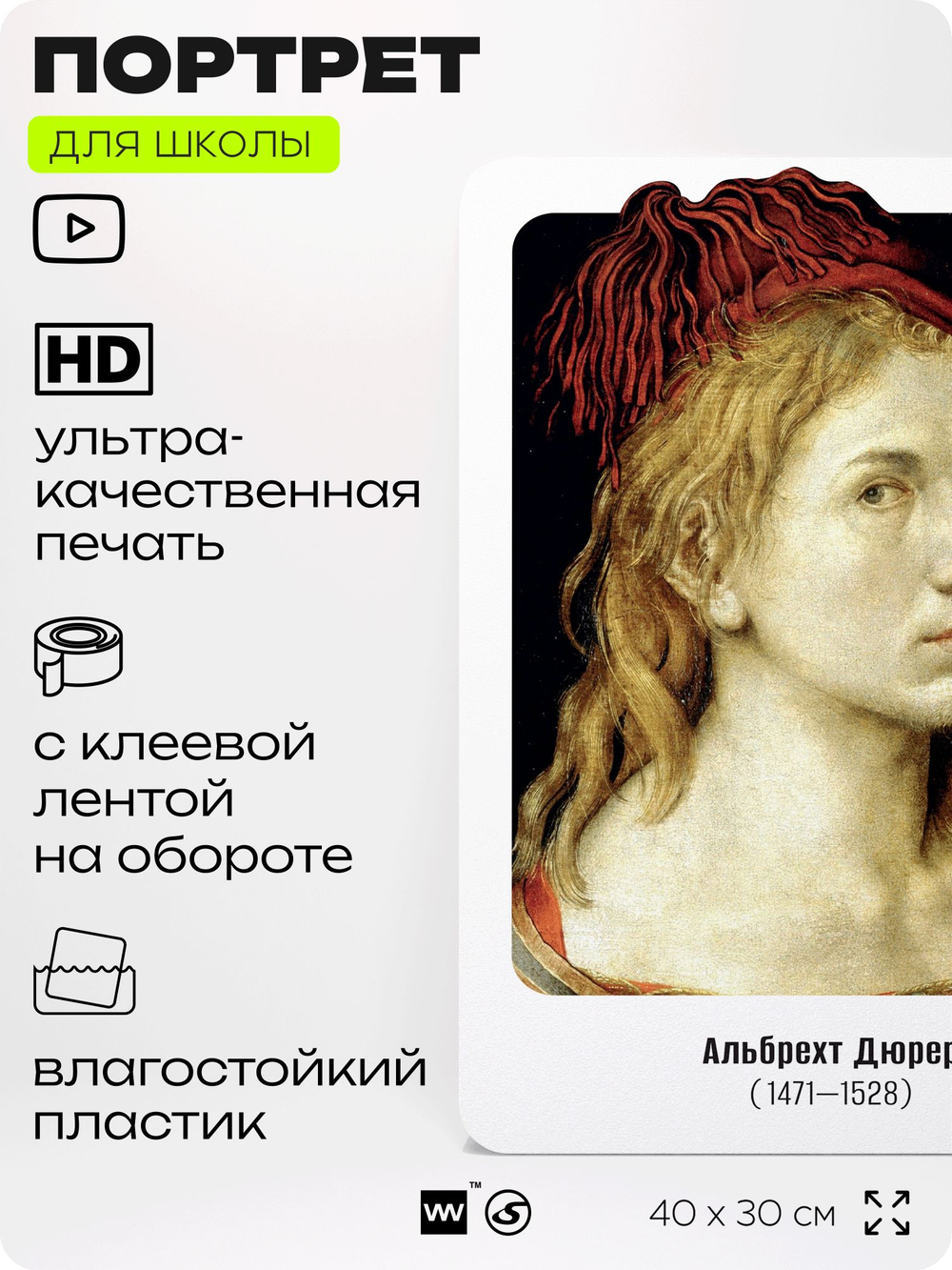 Портрет для школы в кабинет рисования "Альбрехт Дюрер", стенд школьный для класса, деятели науки для оформления классного уголка, 40х30 см, Silver Plane x Айдентика Технолоджи