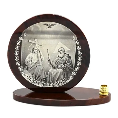 Икона из обсидиана круглая со святыми "Святая троица" диаметр 85 мм.