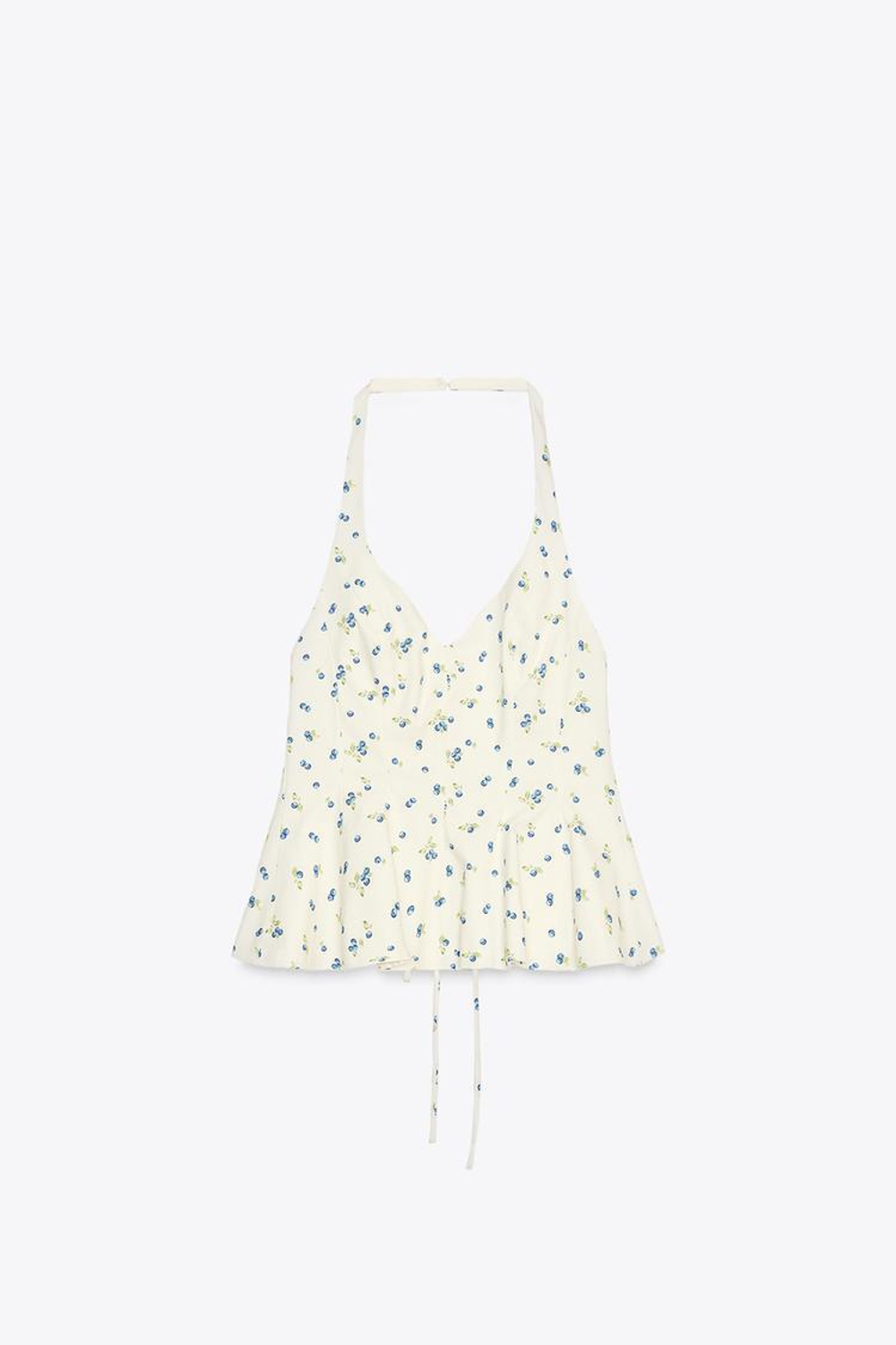 ZARA ТОП ИЗ ПОПЛИНА С ЦВЕТОЧНЫМ ПРИНТОМ И ГОРЛОВИНОЙ ХАЛТЕР, ЭКРЮ/СИНИЙ