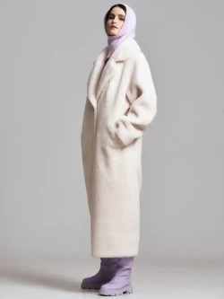 Шуба чебурашка длинная из овечьей шерсти, жемчужная, SilverFox