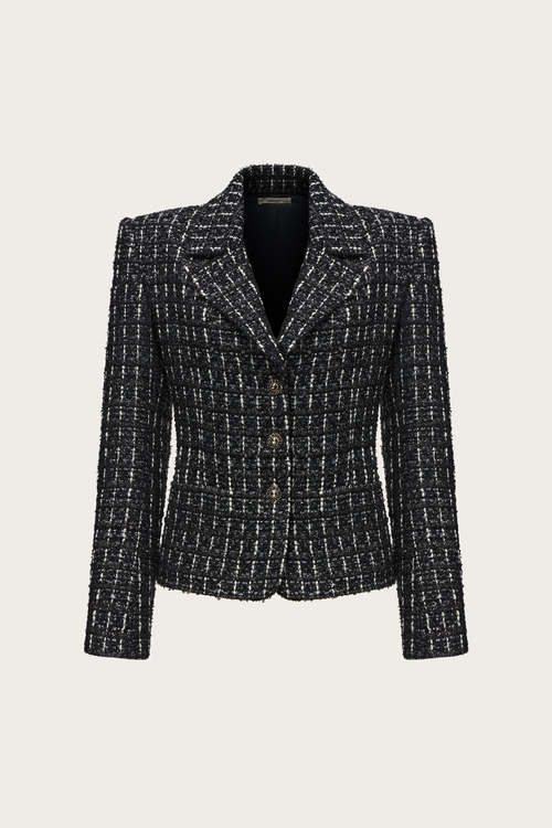 ЖАКЕТ ИЗ ЧЕРНОГО ТВИДА С ЛЮРЕКСНОЙ НИТЬЮ