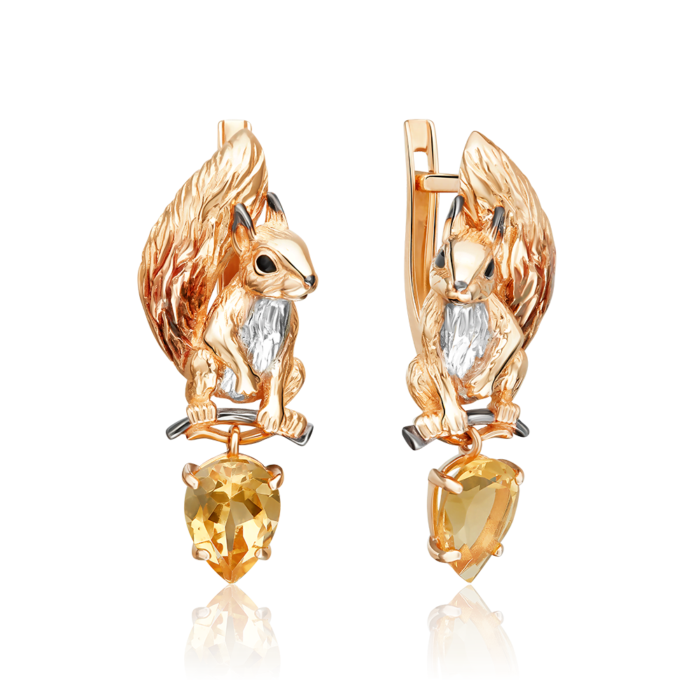 Серьги «Белки» с английским замком из красного золота с цитрином и эмалью