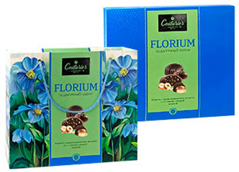 Ассорти шок.конфет Florium Голубые Цветы с орехами и сливочно-ликерной начинкой в сумке 170г