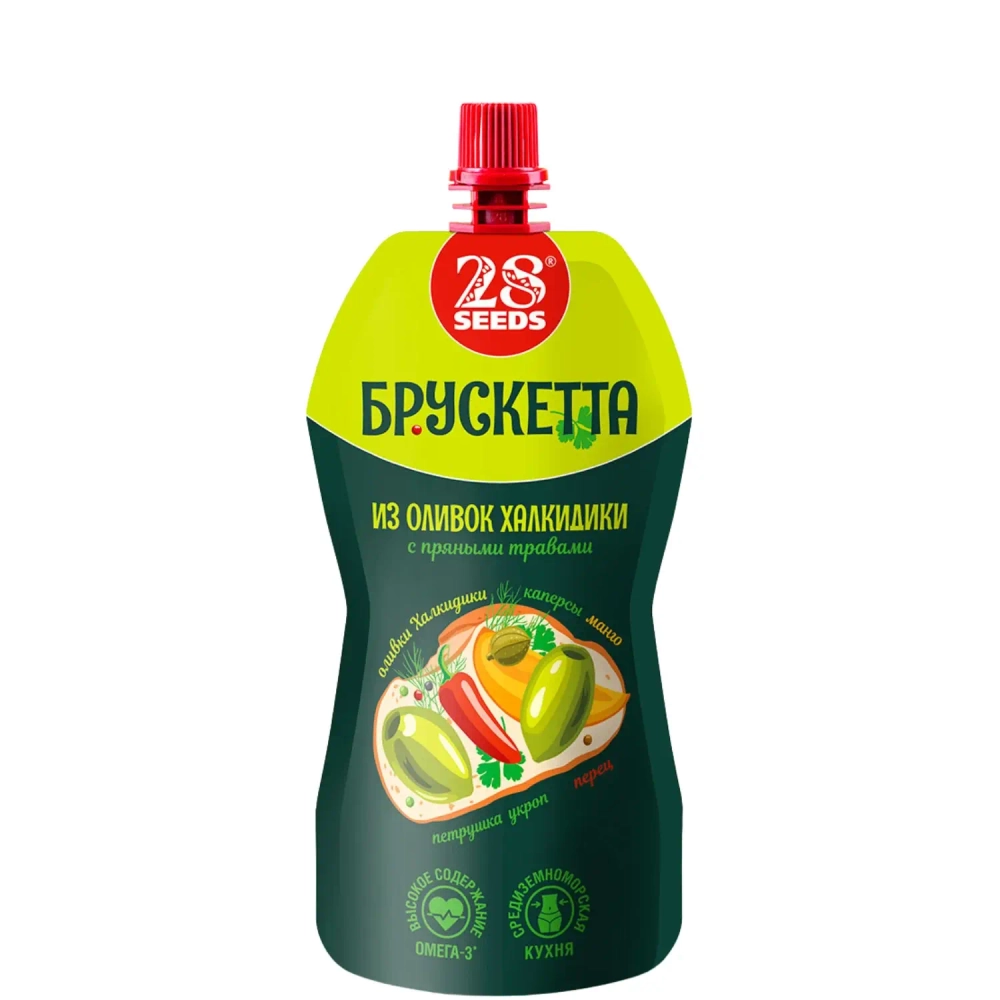 Брускетта из оливок Халкидики с пряными травами 28SEEDS, 150 г, дой-пак спереди