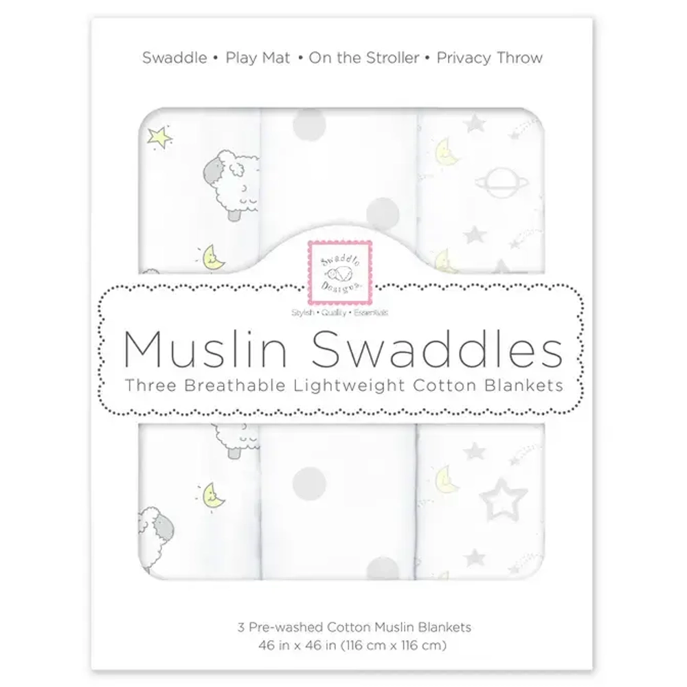 SwaddleDesigns Набор пеленок муслин 3 шт. - Little Lambs Goodnight, Sterling Gray & Pastel Yellow