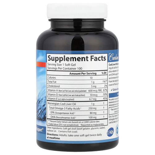 Carlson, Wild Norwegian, Cod Liver Oil Gems, жир печени дикой норвежской трески в капсулах, высшего качества, 1000 мг, 100 капсул