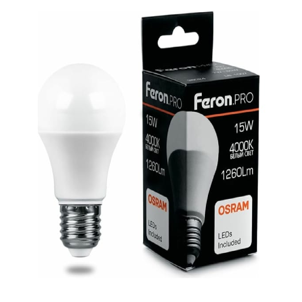 Feron.PRO Лампа св/д ЛОН A60 E27 15W 1260lm 4000K 4K матовый 125x60 OSRAM LED