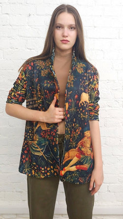 Трикотажный жакет "Средневековая пастораль", по мотивам средневекового гобелена "Пастух и пастушка" (выполненного в технике мильфлёр)