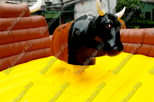 Надувной аттракцион Родео, бык+батут, черный с имитацией под кожу