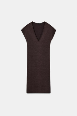 ZARA КОРОТКОЕ ПЛАТЬЕ С V-ОБРАЗНЫМ ВЫРЕЗОМ, КОРИЧНЕВЫЙ