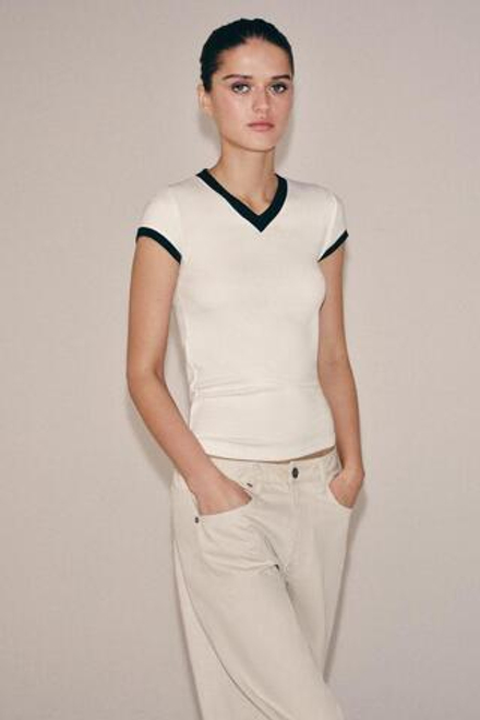 ZARA ФУТБОЛКА В РУБЧИК С КОНТРАСТНЫМИ ДЕТАЛЯМИ, ЭКРЮ