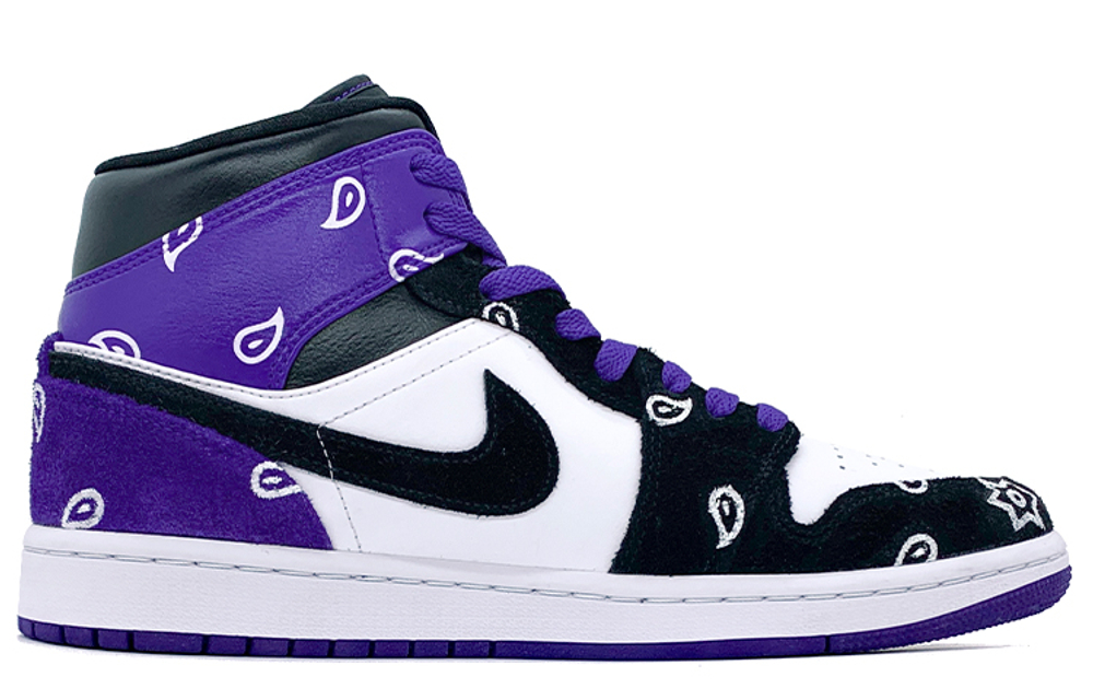 Jordan Air Jordan 1 Mid SE Mid top Vintage Basketball Shoes Unisex Black White Purple