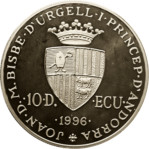 10 динаров. Экю Карл Великий Коронация. Андорра 1996 год. PROOF