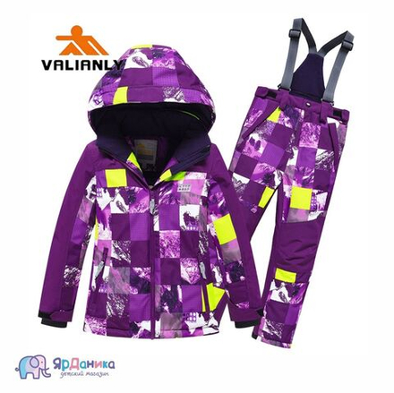 Зимний костюм Valianly фиолетовый, квадраты в горах