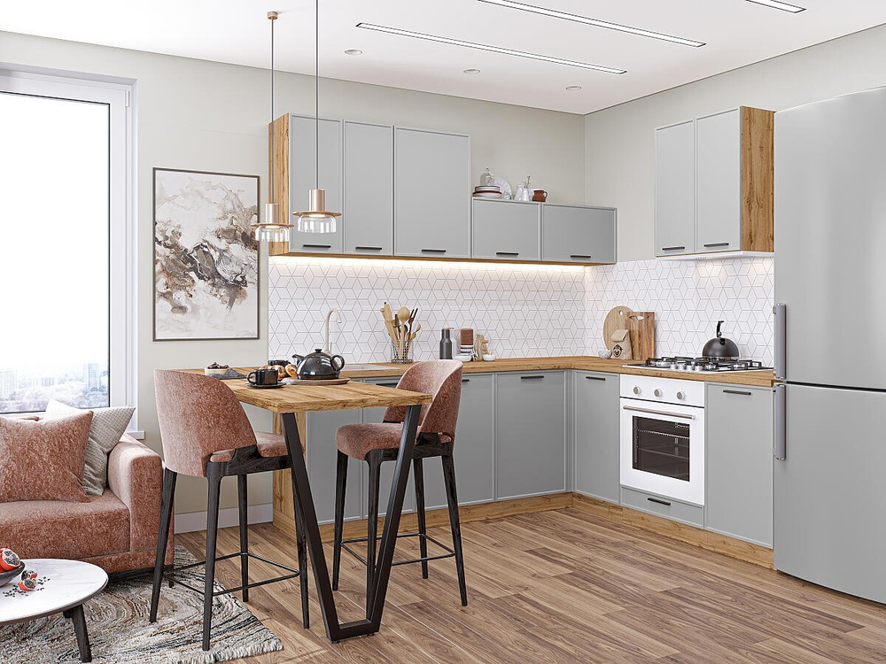 Угловая модульная кухня Фрейм-03 Grey Silk - Дуб Вотан 2140*2200/2000*600