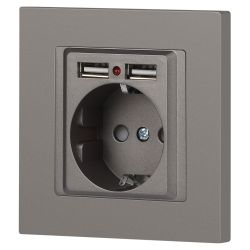 Розетка Intro Accent 6-410-09 с заземлением 2P+E Schuko со шторками 16А-250В + 2хUSB IP20 СУ титан