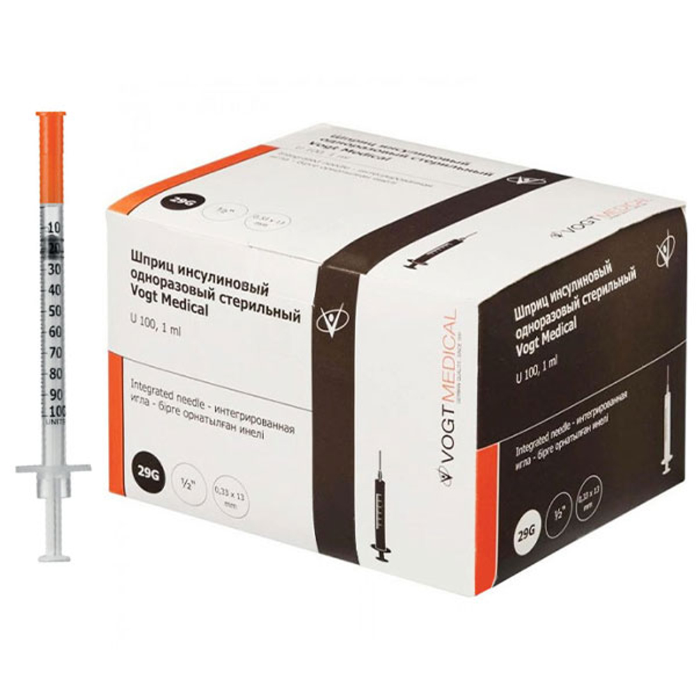 Шприц 1мл одноразовый 3-х компонентный 29G (0,33х13мм) с интегрированной иглой Фогт Медикал (инсулиновый)