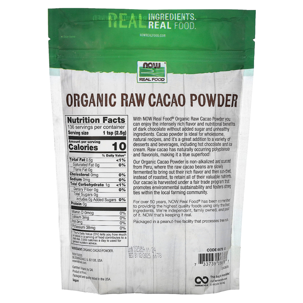 NOW Foods, Real Food, органический необработанный какао-порошок, 340 г (12 унций)
