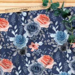 Ткань блэкаут голубые розы на синем