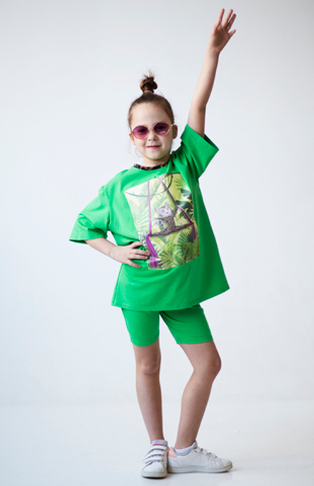 Set of T-shirt and breeches "Green with a gymnast cat"