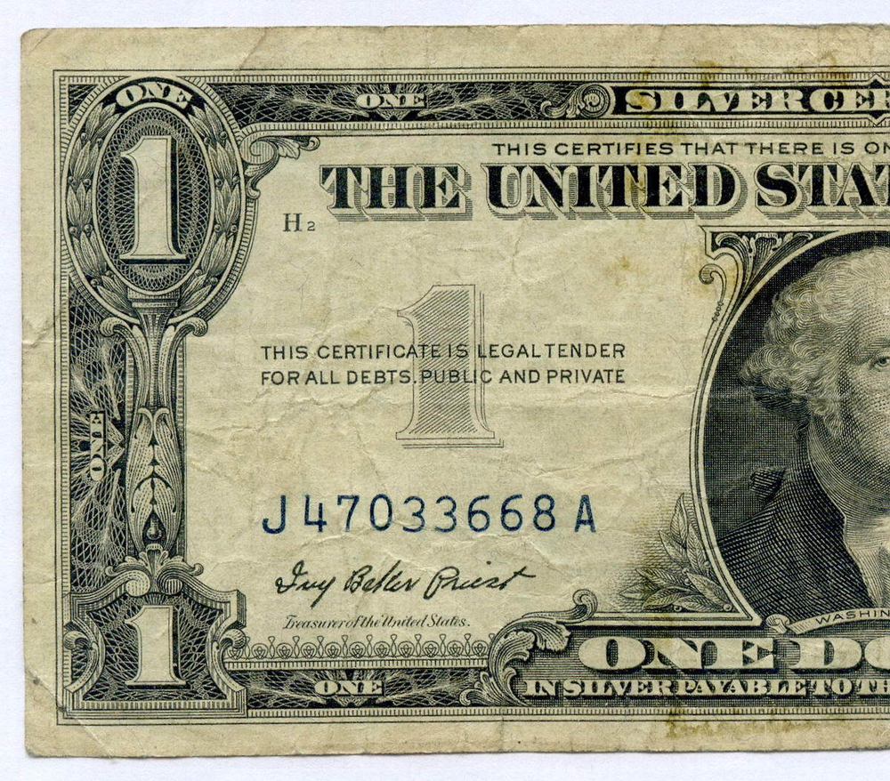 Банкнота США 1 доллар (серебряный сертификат) 1957 J 47033668 A. F