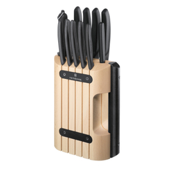 Фото набор из 11 кухонных ножей VICTORINOX лезвие из нержавеющей стали чёрная рукоять в подставке из древесины бука высотой 35,5 см с гарантией