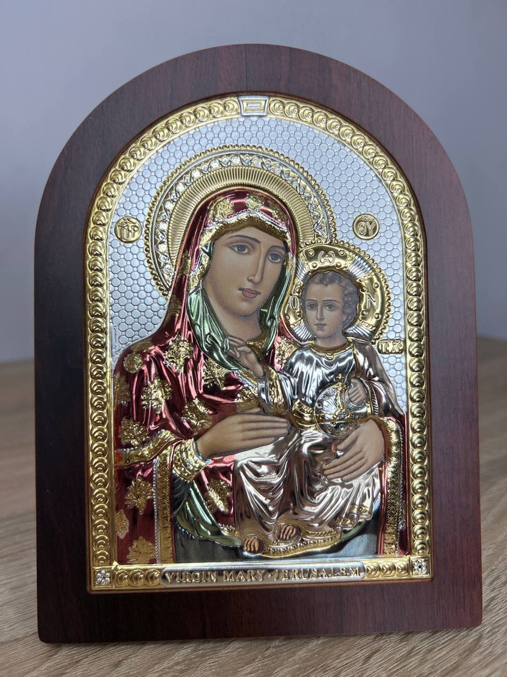 Иерусалимская БМ, икона арочная, красное дерево, эмаль 150х200