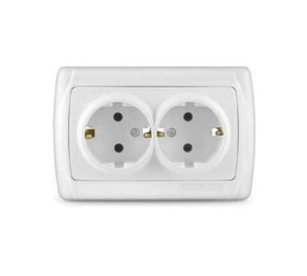 Розетка двухместная "UNIVersal" серия "Маргарита" с/з, с/у, 16А, 220В, белая (еврослот) (E2331)