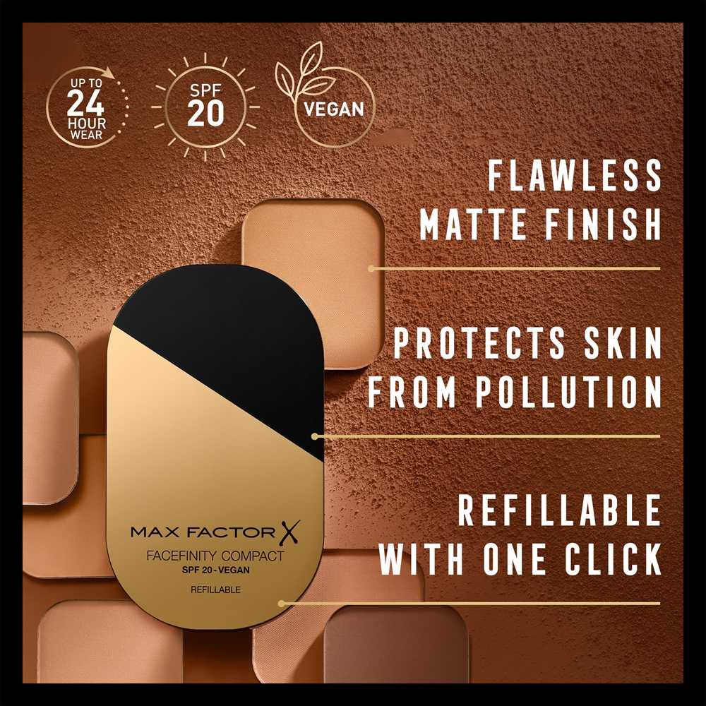 Max Factor Facefinity Refillable - Компактное матирующее тональное средство SPF 20 оттенок 008 Toffee, 10 g